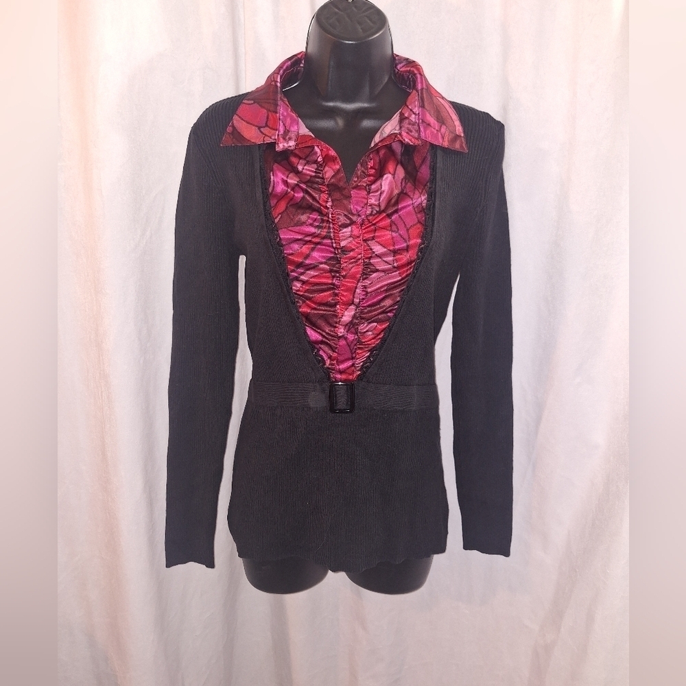 Black Sweater Blouse with Pink Patterned Lining